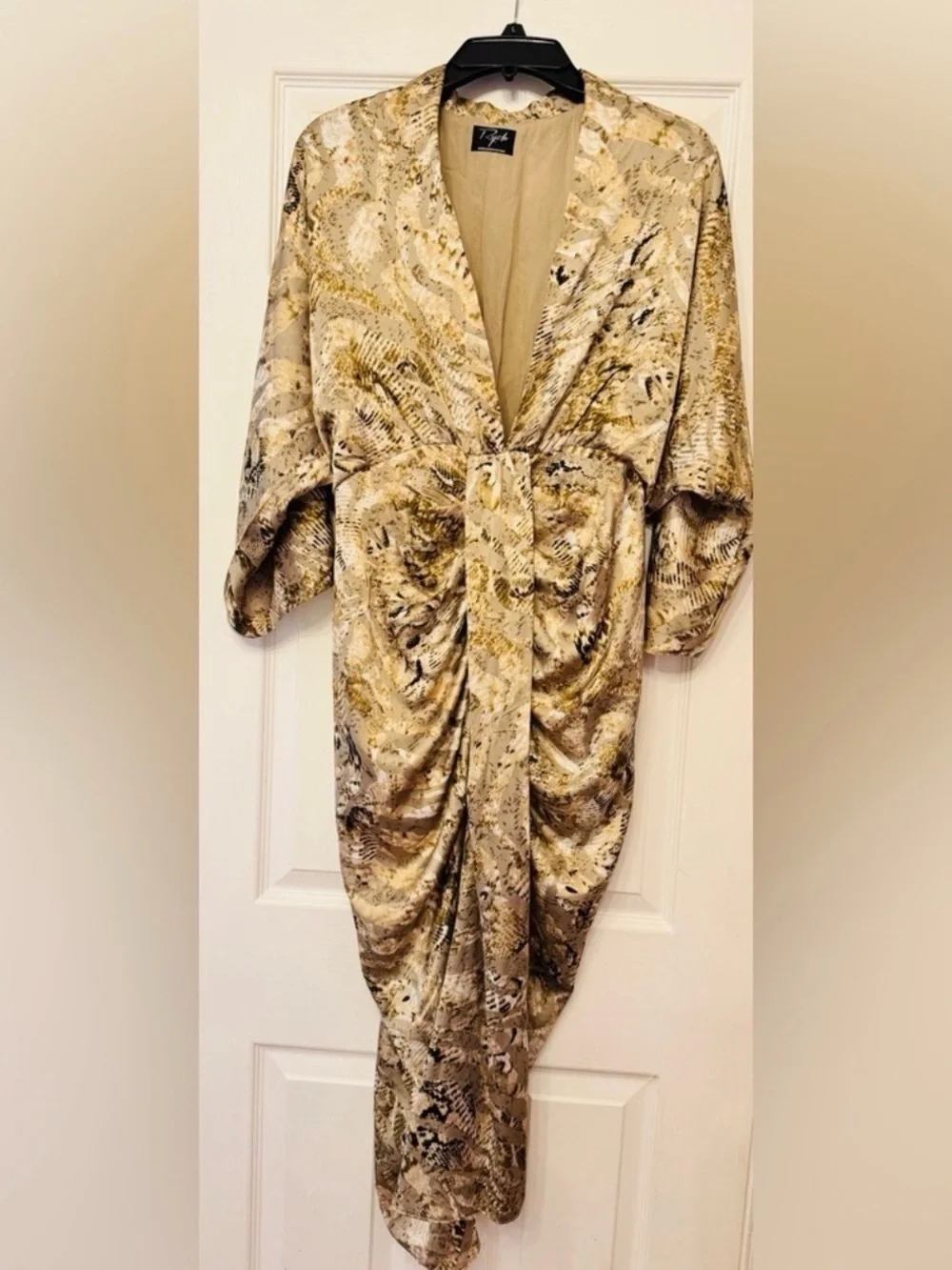 2b. Rych Satin Snake Print Ruched Midi Dress Brown Tan Size S NWOT - Picture 2 of 5